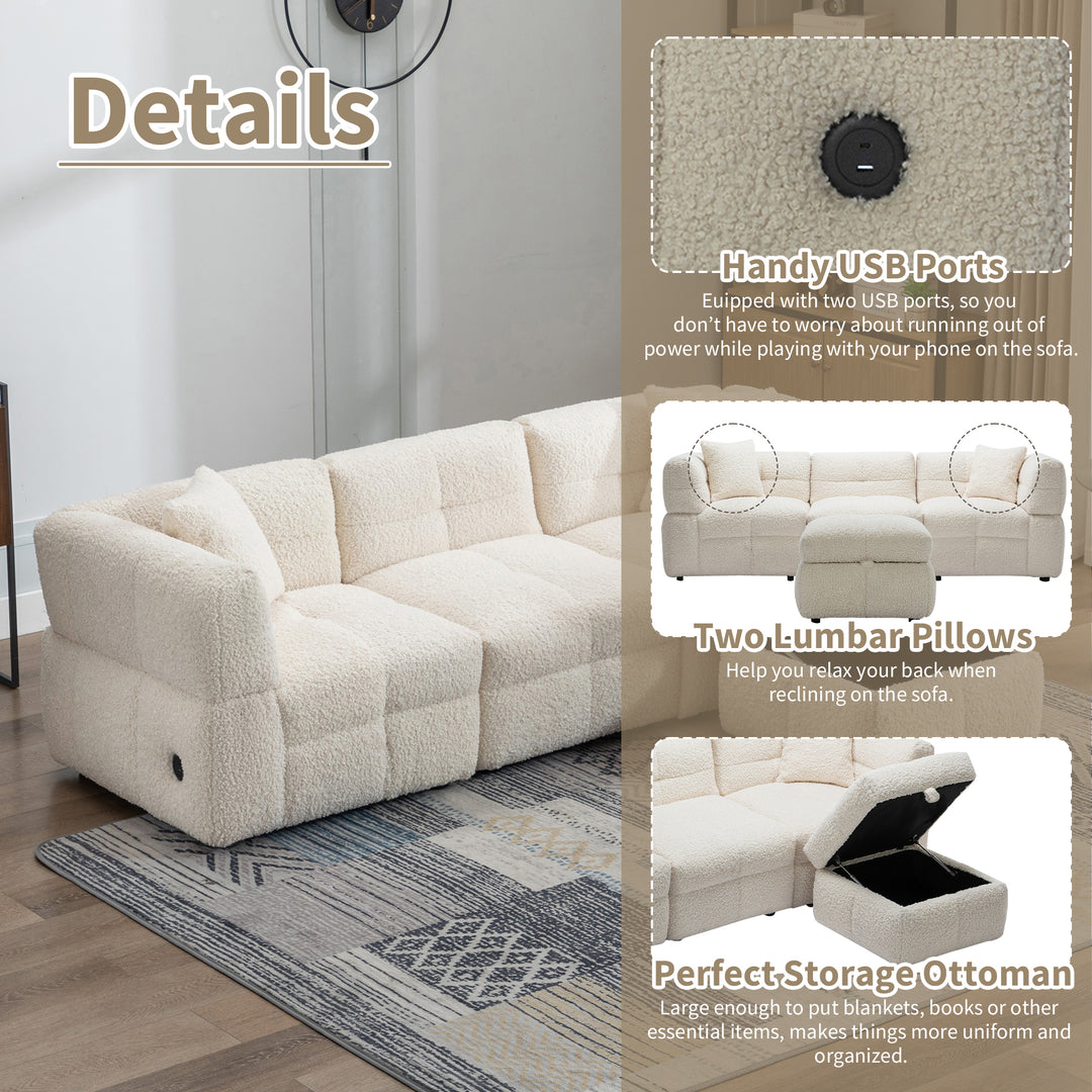 87.7" Sectional Sofa with Two USB Ports a Movable Storage Ottoman and Two Lumbar Pillows Creamy White