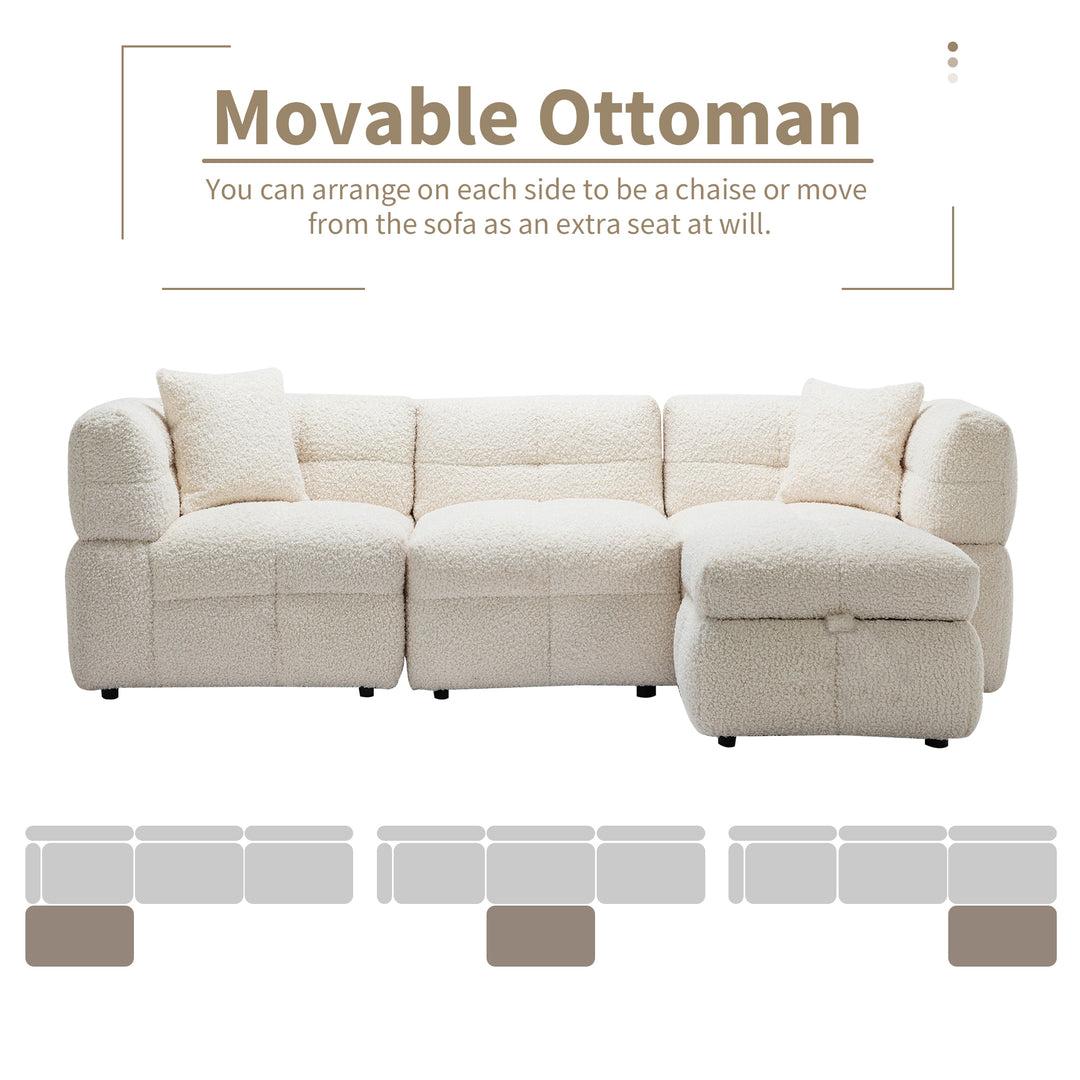 87.7" Sectional Sofa with Two USB Ports a Movable Storage Ottoman and Two Lumbar Pillows Creamy White