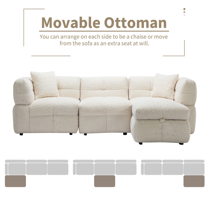 87.7" Sectional Sofa with Two USB Ports a Movable Storage Ottoman and Two Lumbar Pillows Creamy White