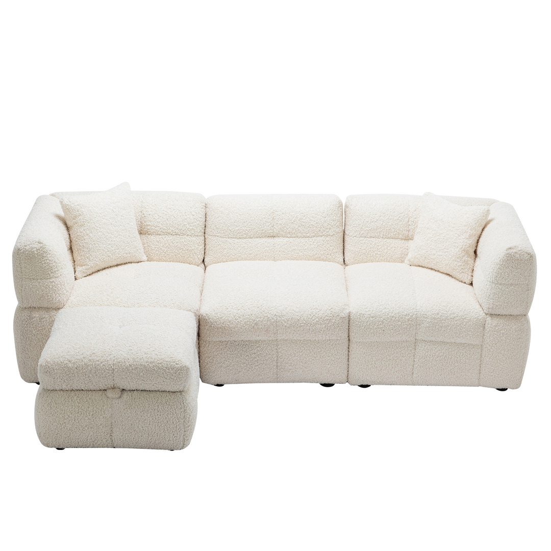 87.7" Sectional Sofa with Two USB Ports a Movable Storage Ottoman and Two Lumbar Pillows Creamy White