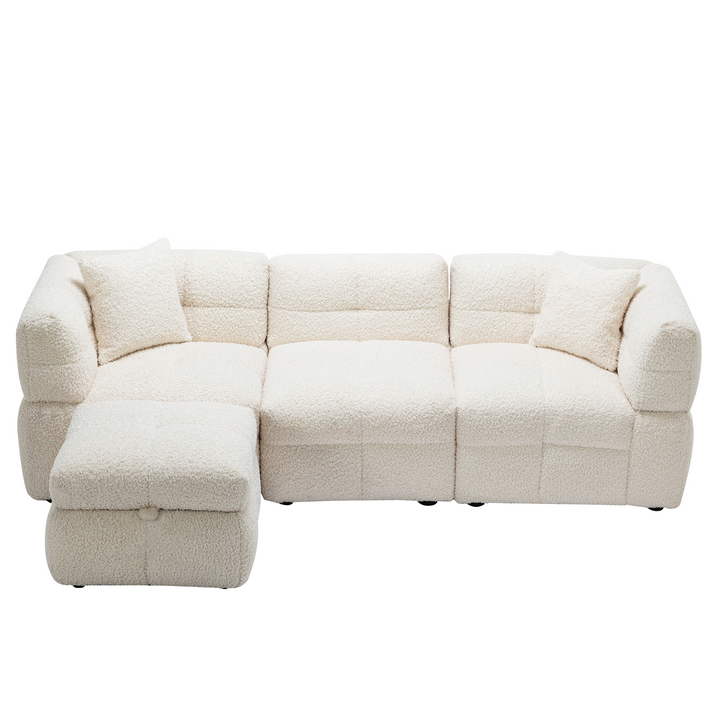 87.7" Sectional Sofa with Two USB Ports a Movable Storage Ottoman and Two Lumbar Pillows Creamy White