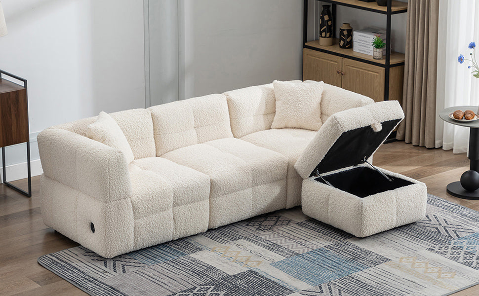 87.7" Sectional Sofa with Two USB Ports a Movable Storage Ottoman and Two Lumbar Pillows Creamy White