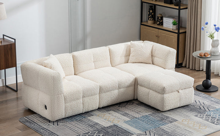 87.7" Sectional Sofa with Two USB Ports a Movable Storage Ottoman and Two Lumbar Pillows Creamy White