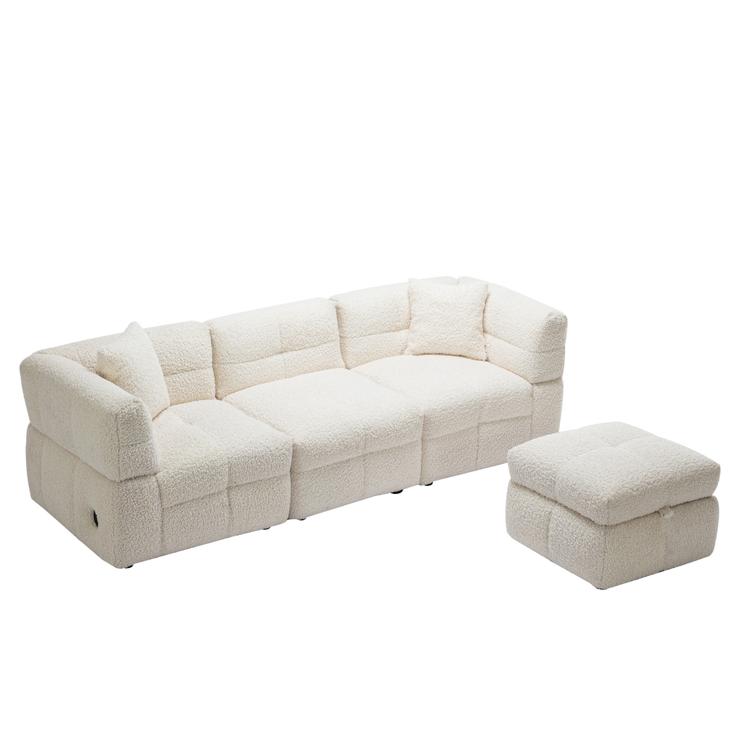 87.7" Sectional Sofa with Two USB Ports a Movable Storage Ottoman and Two Lumbar Pillows Creamy White