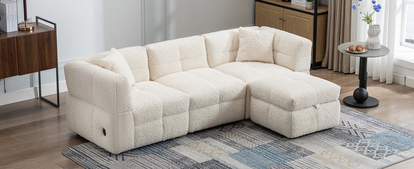 87.7" Sectional Sofa with Two USB Ports a Movable Storage Ottoman and Two Lumbar Pillows Creamy White