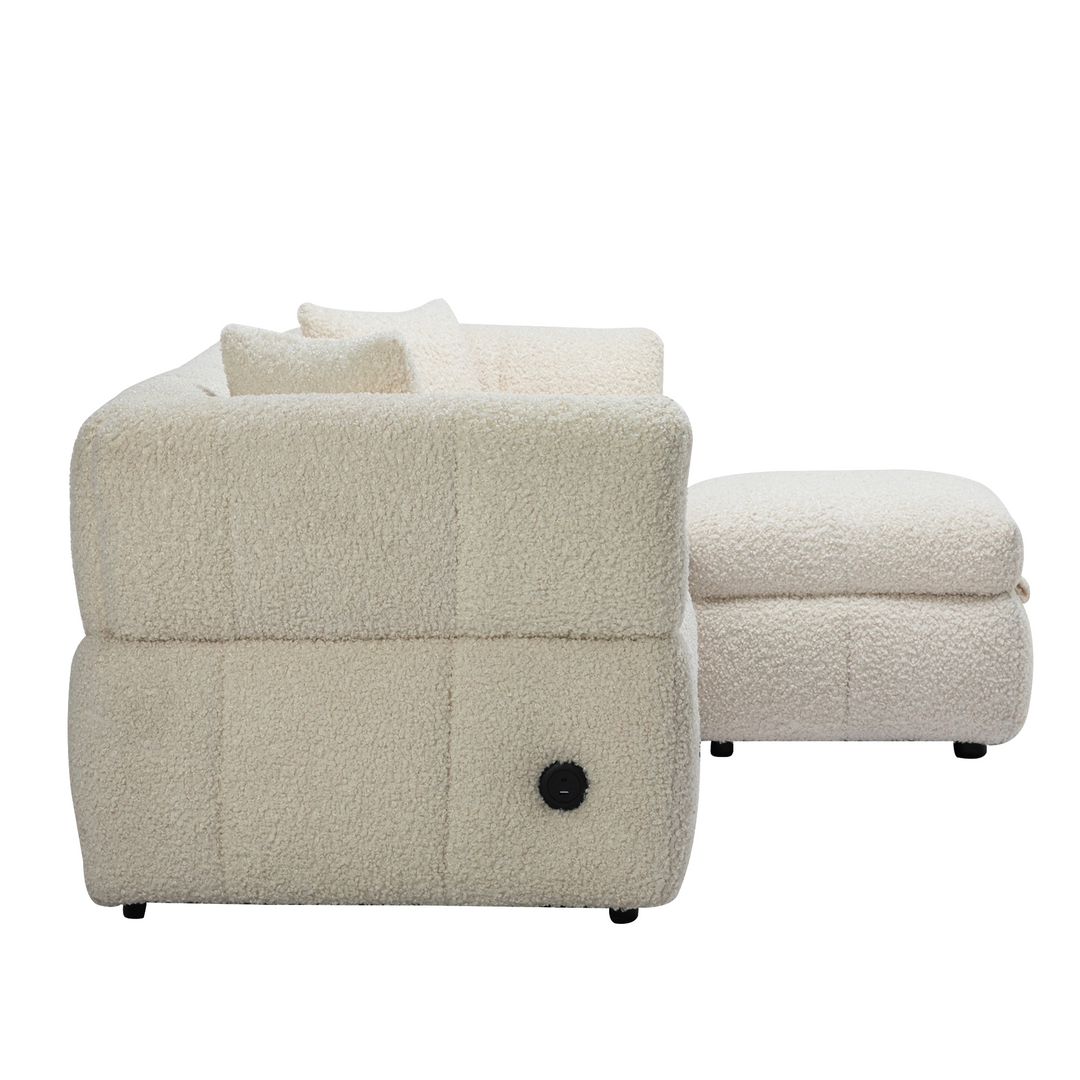 87.7" Sectional Sofa with Two USB Ports a Movable Storage Ottoman and Two Lumbar Pillows Creamy White