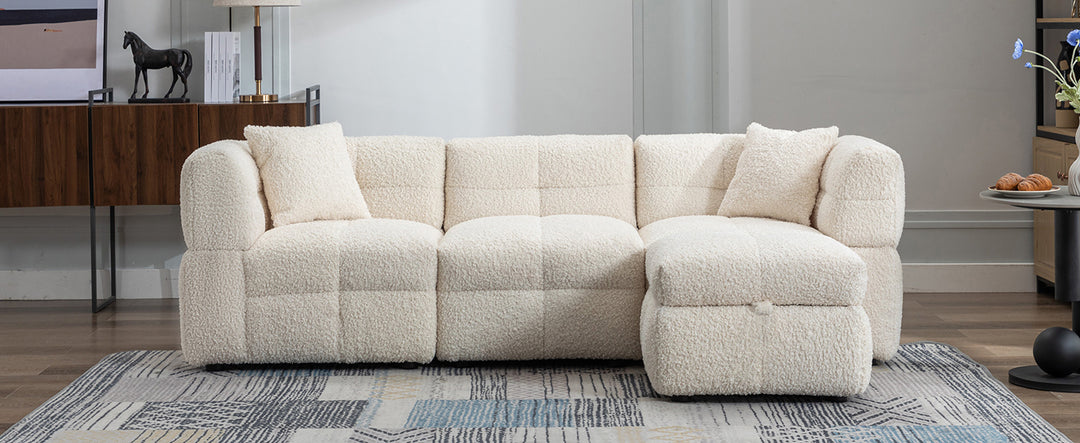 87.7" Sectional Sofa with Two USB Ports a Movable Storage Ottoman and Two Lumbar Pillows Creamy White