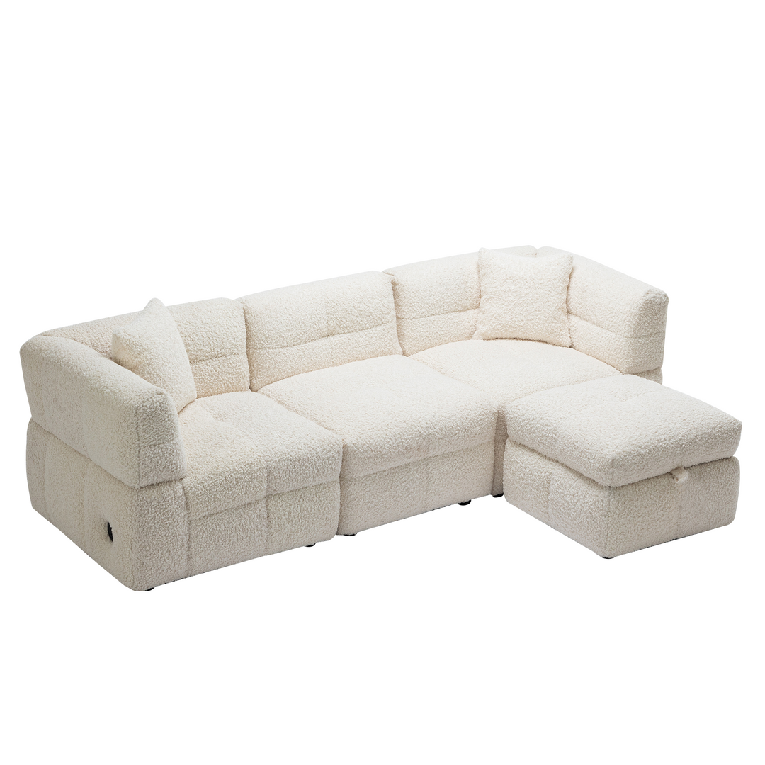 87.7" Sectional Sofa with Two USB Ports a Movable Storage Ottoman and Two Lumbar Pillows Creamy White