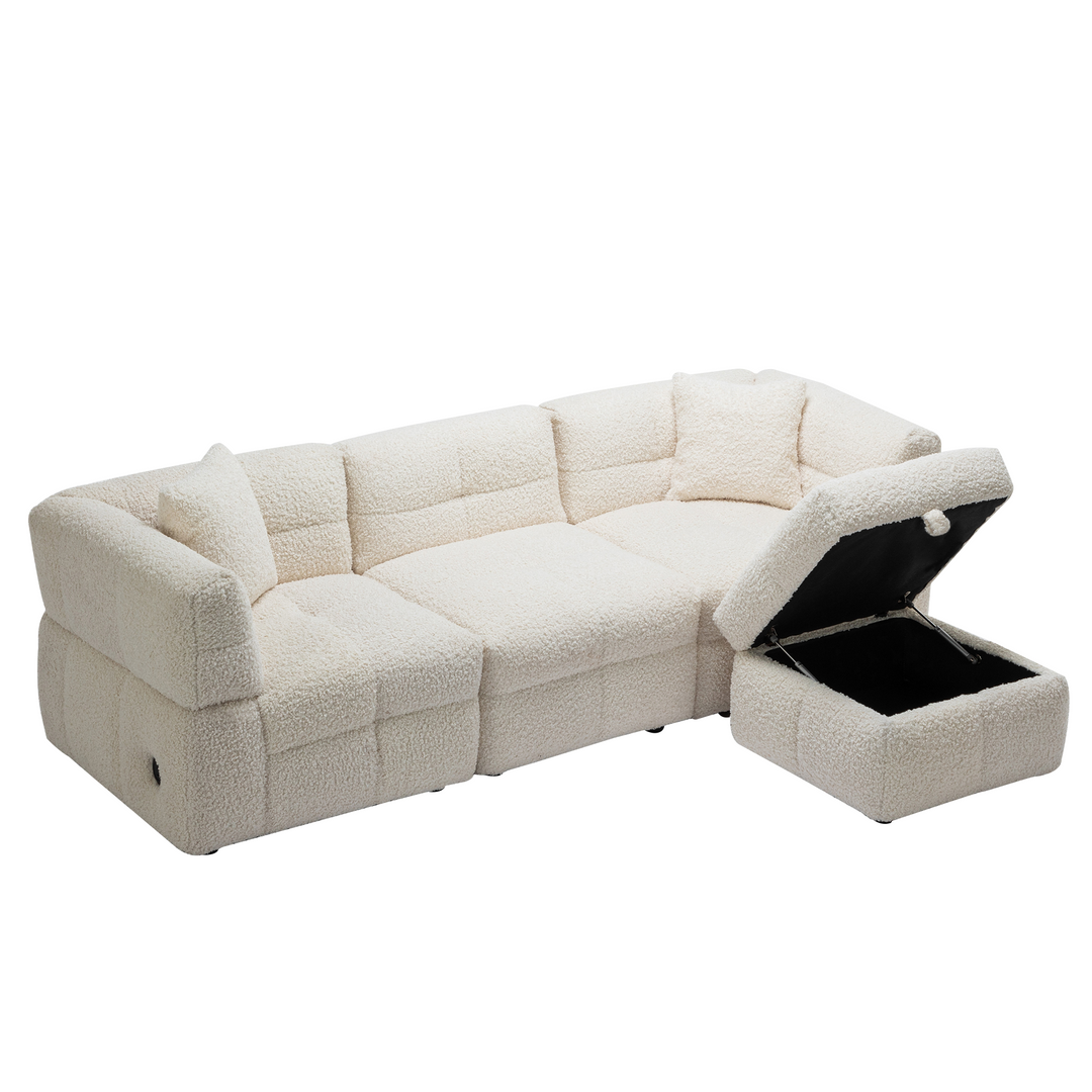 87.7" Sectional Sofa with Two USB Ports a Movable Storage Ottoman and Two Lumbar Pillows Creamy White