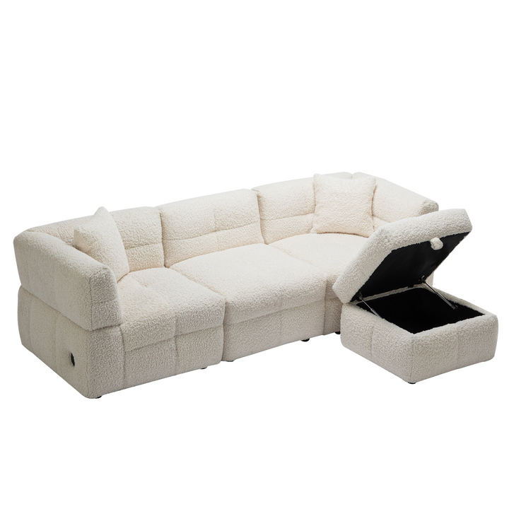87.7" Sectional Sofa with Two USB Ports a Movable Storage Ottoman and Two Lumbar Pillows Creamy White