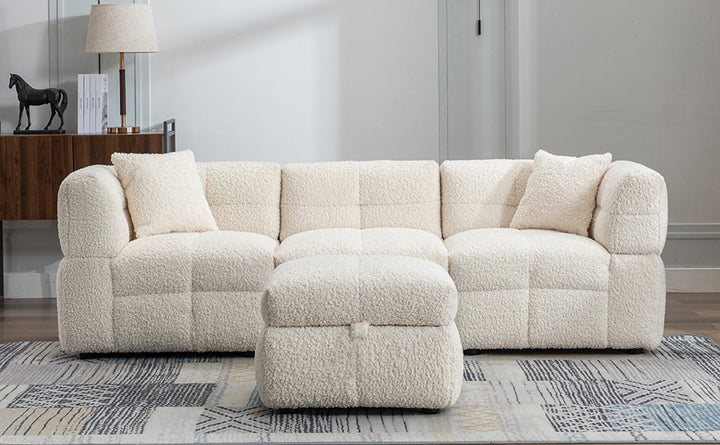 87.7" Sectional Sofa with Two USB Ports a Movable Storage Ottoman and Two Lumbar Pillows Creamy White