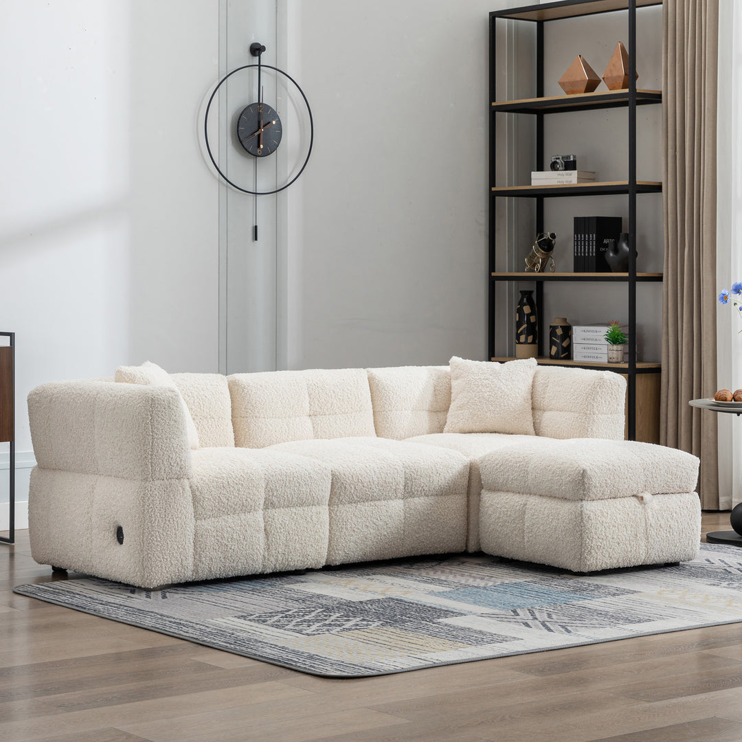 87.7" Sectional Sofa with Two USB Ports a Movable Storage Ottoman and Two Lumbar Pillows Creamy White