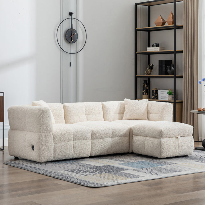 87.7" Sectional Sofa with Two USB Ports a Movable Storage Ottoman and Two Lumbar Pillows Creamy White