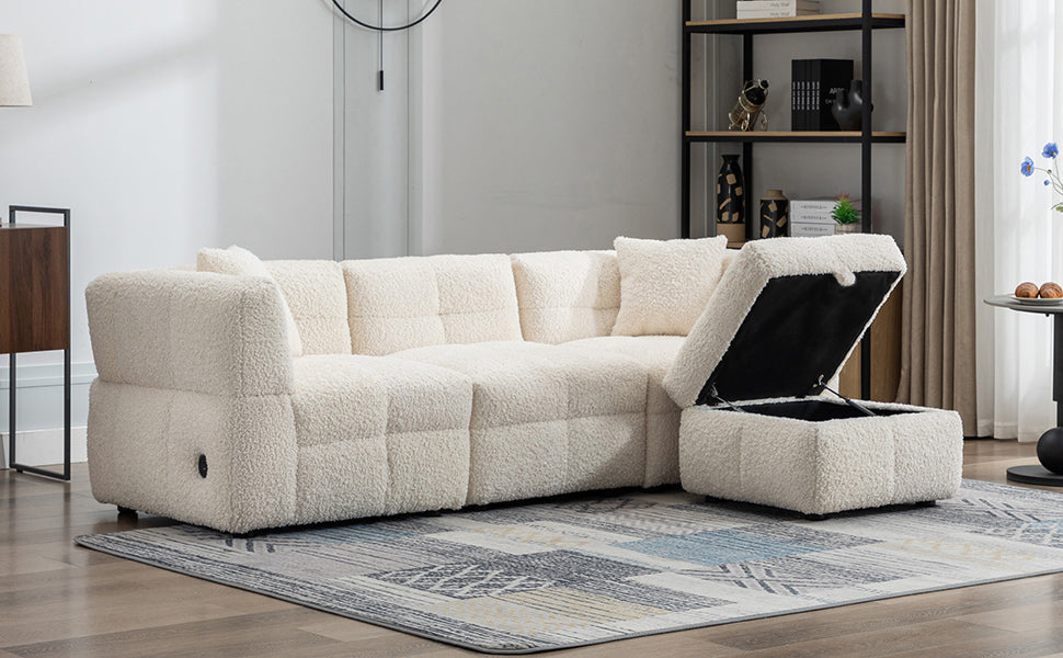 87.7" Sectional Sofa with Two USB Ports a Movable Storage Ottoman and Two Lumbar Pillows Creamy White