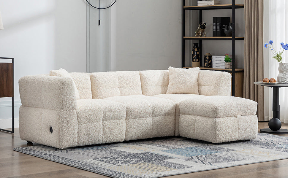 87.7" Sectional Sofa with Two USB Ports a Movable Storage Ottoman and Two Lumbar Pillows Creamy White