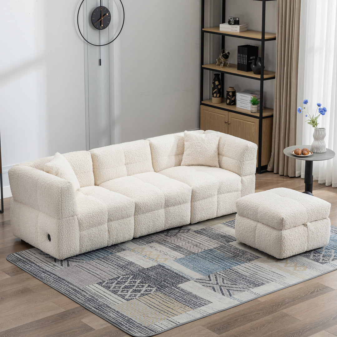 87.7" Sectional Sofa with Two USB Ports a Movable Storage Ottoman and Two Lumbar Pillows Creamy White