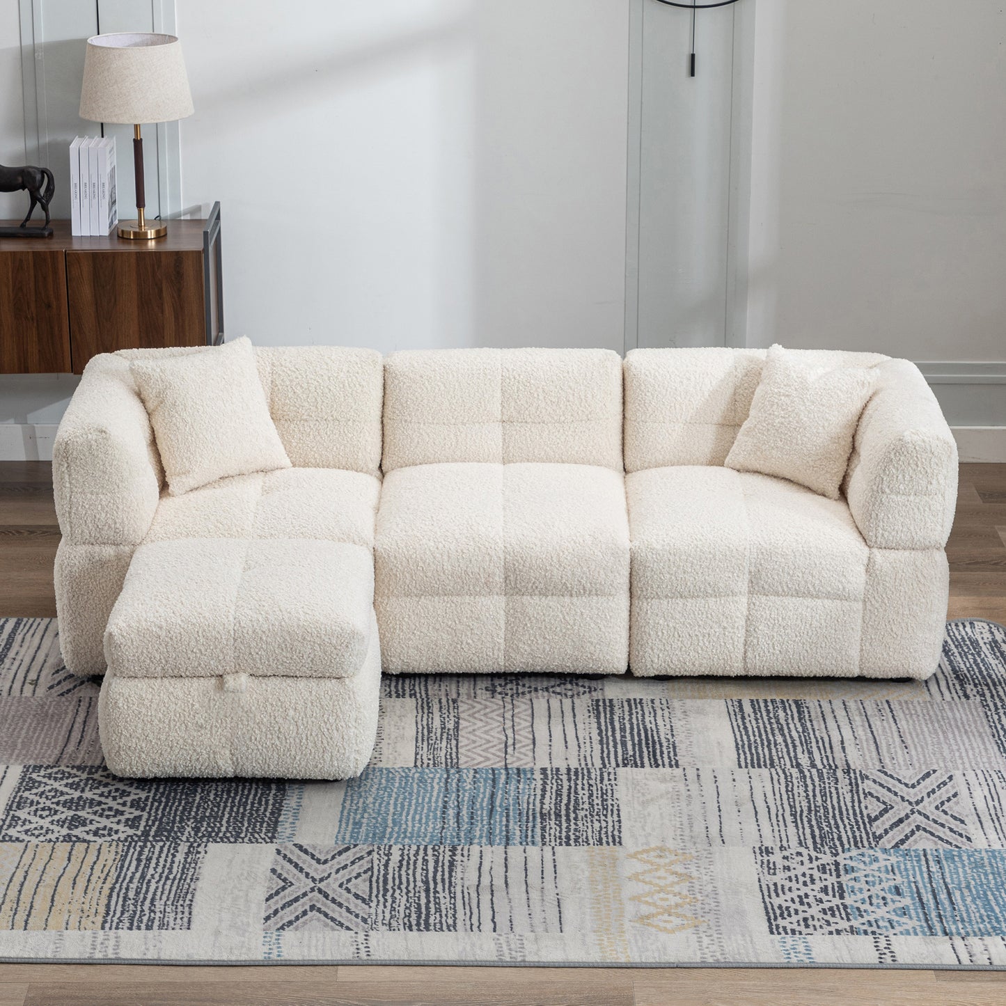 87.7" Sectional Sofa with Two USB Ports a Movable Storage Ottoman and Two Lumbar Pillows Creamy White