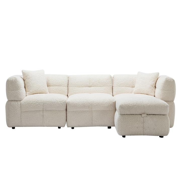87.7" Sectional Sofa with Two USB Ports a Movable Storage Ottoman and Two Lumbar Pillows Creamy White