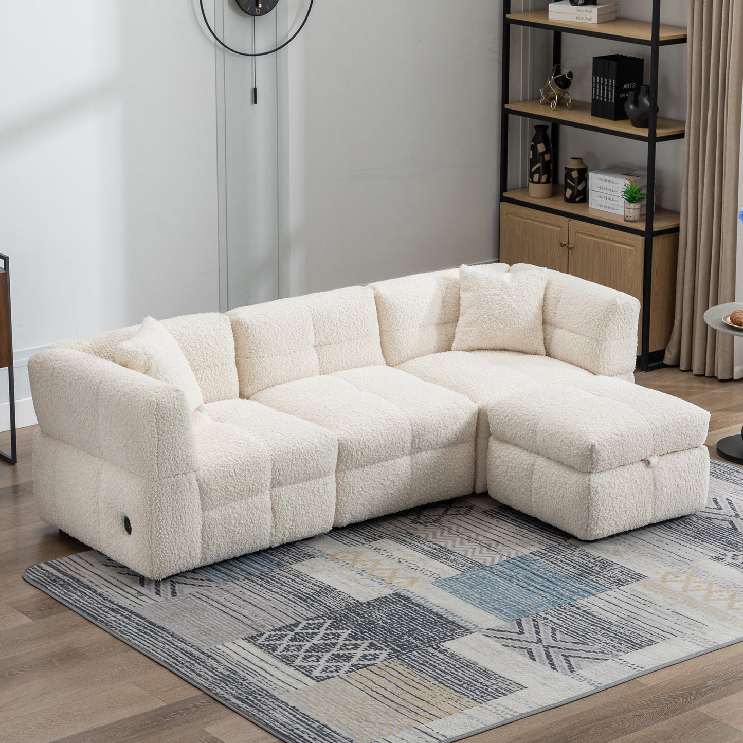 87.7" Sectional Sofa with Two USB Ports a Movable Storage Ottoman and Two Lumbar Pillows Creamy White