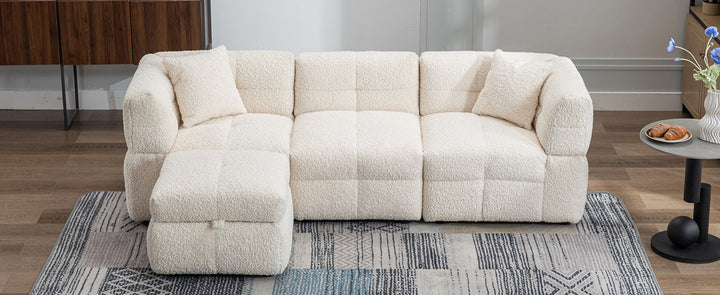 87.7" Sectional Sofa with Two USB Ports a Movable Storage Ottoman and Two Lumbar Pillows Creamy White