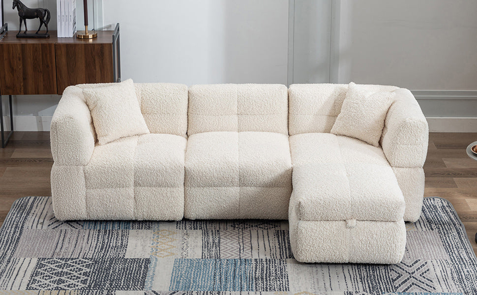 87.7" Sectional Sofa with Two USB Ports a Movable Storage Ottoman and Two Lumbar Pillows Creamy White