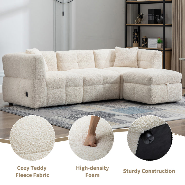 87.7" Sectional Sofa with Two USB Ports a Movable Storage Ottoman and Two Lumbar Pillows Creamy White