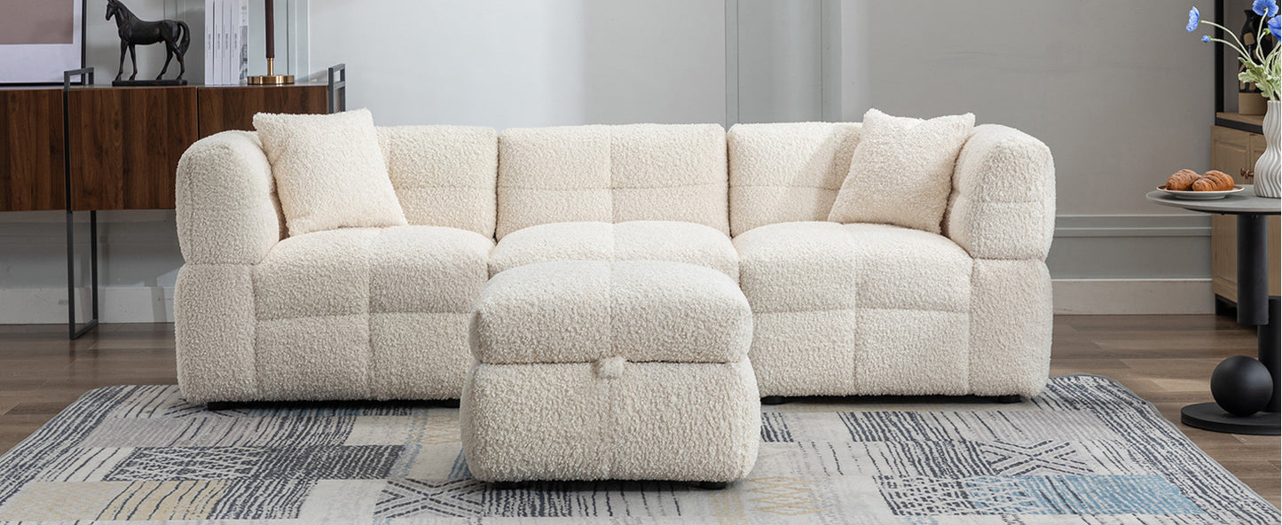 87.7" Sectional Sofa with Two USB Ports a Movable Storage Ottoman and Two Lumbar Pillows Creamy White