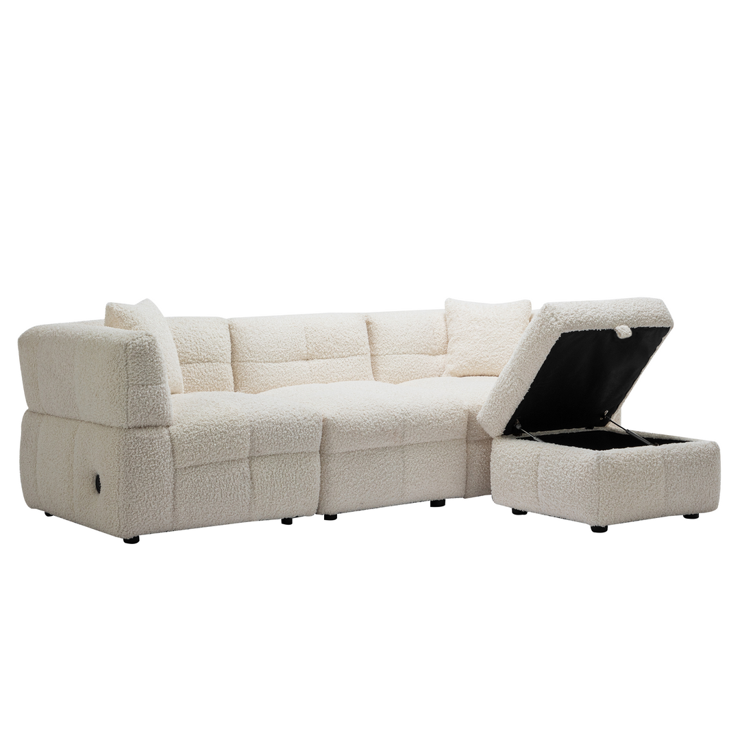 87.7" Sectional Sofa with Two USB Ports a Movable Storage Ottoman and Two Lumbar Pillows Creamy White