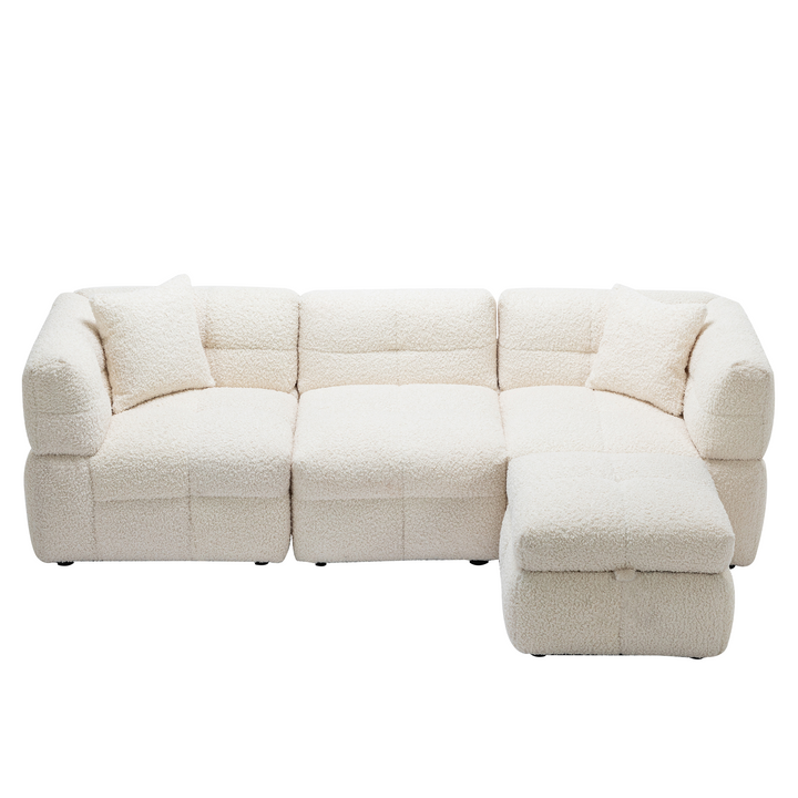 87.7" Sectional Sofa with Two USB Ports a Movable Storage Ottoman and Two Lumbar Pillows Creamy White