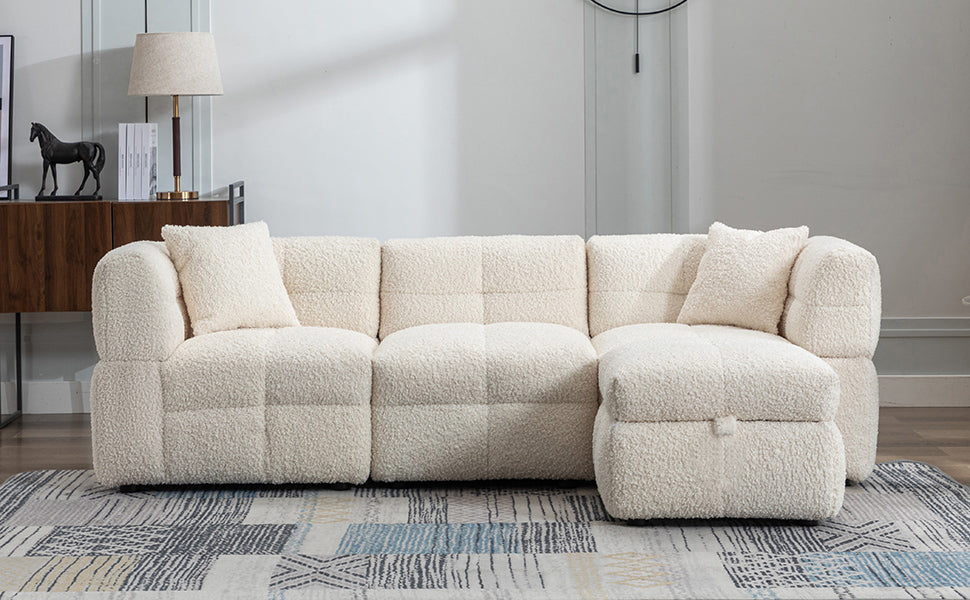 87.7" Sectional Sofa with Two USB Ports a Movable Storage Ottoman and Two Lumbar Pillows Creamy White