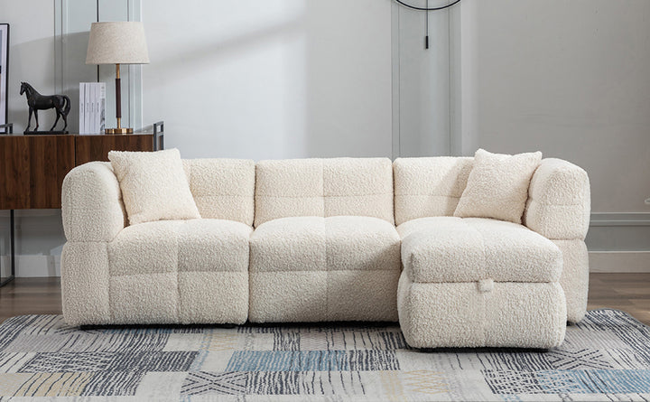 87.7" Sectional Sofa with Two USB Ports a Movable Storage Ottoman and Two Lumbar Pillows Creamy White