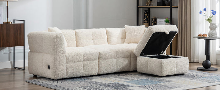 87.7" Sectional Sofa with Two USB Ports a Movable Storage Ottoman and Two Lumbar Pillows Creamy White