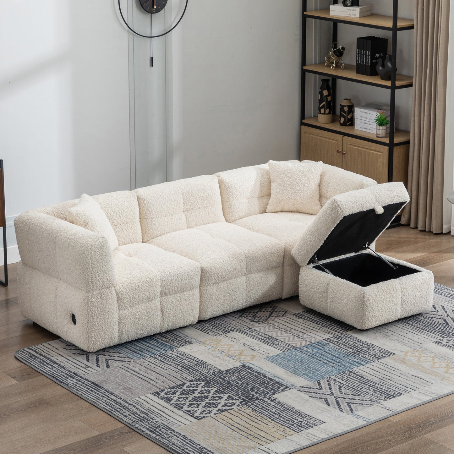 87.7" Sectional Sofa with Two USB Ports a Movable Storage Ottoman and Two Lumbar Pillows Creamy White