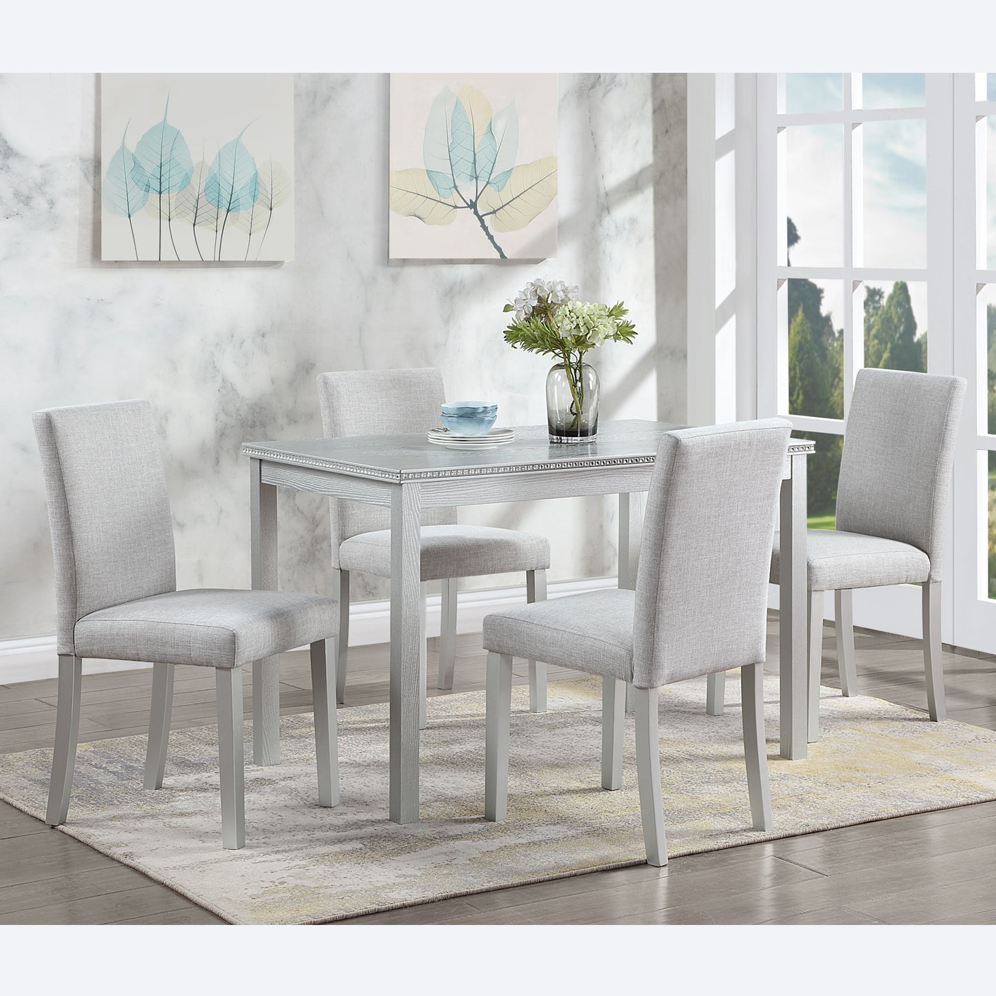 5 Piece Wooden Dining Table Set, Kitchen Table Set with a Rectangular Table and 4 Upholstered Chairs