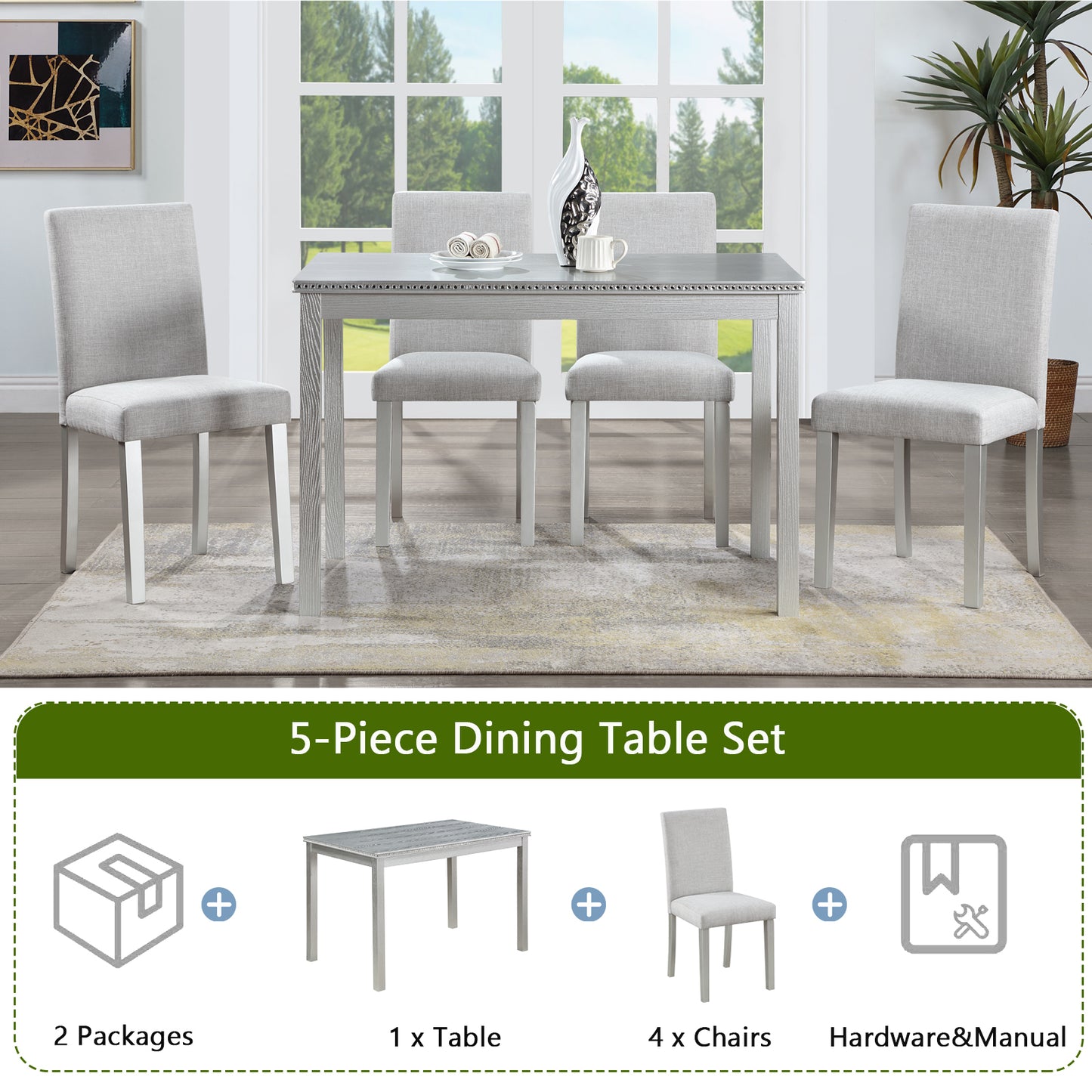 5 Piece Wooden Dining Table Set, Kitchen Table Set with a Rectangular Table and 4 Upholstered Chairs