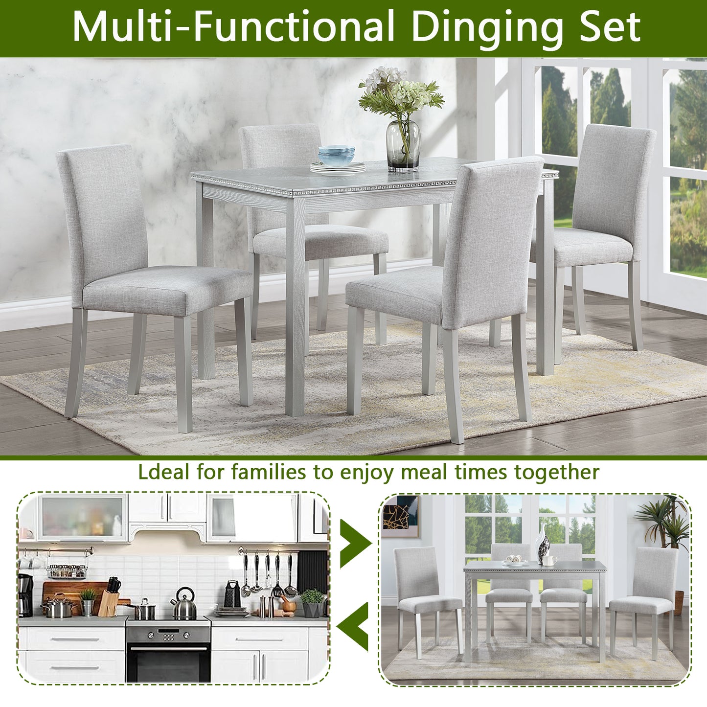 5 Piece Wooden Dining Table Set, Kitchen Table Set with a Rectangular Table and 4 Upholstered Chairs