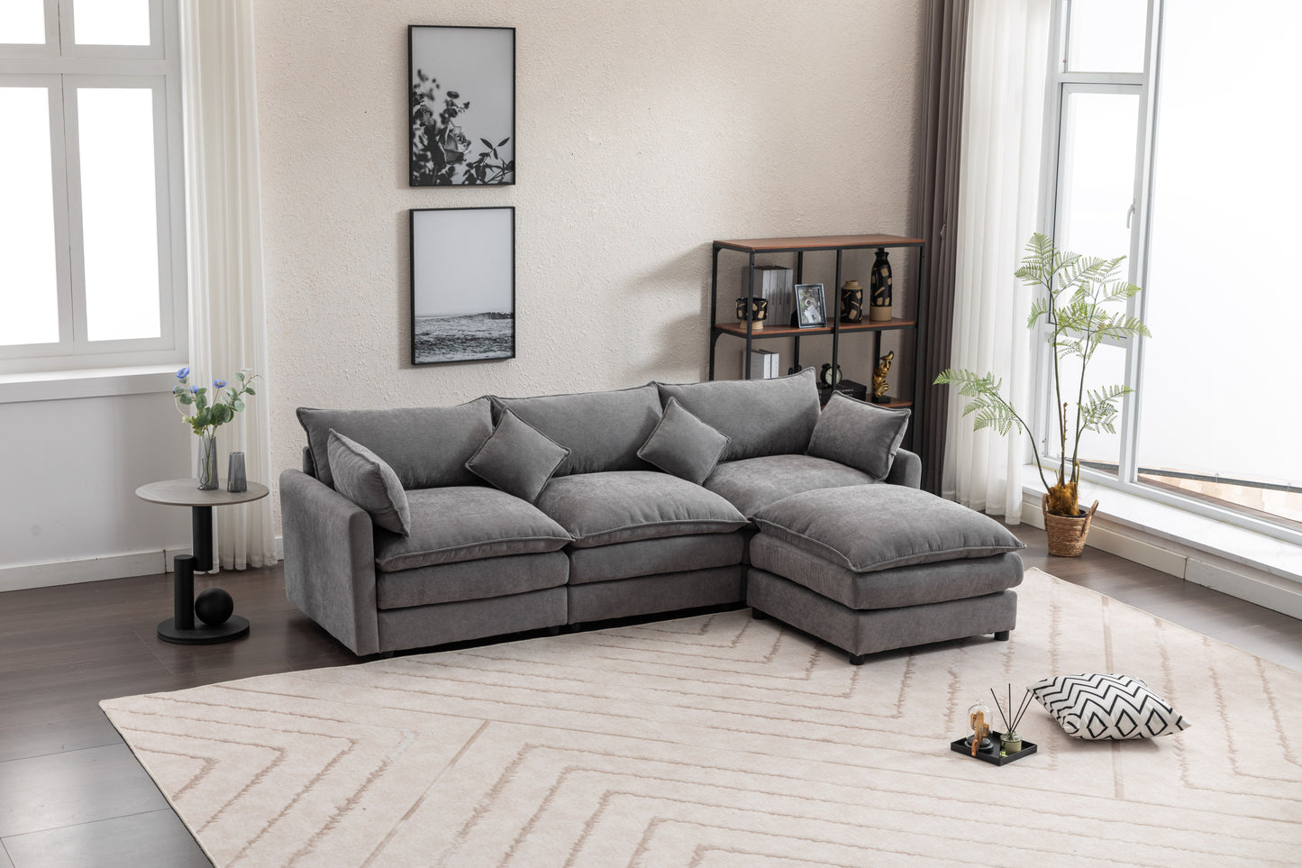 Sectional Sofa,  3-Seater Sofa with Ottoman