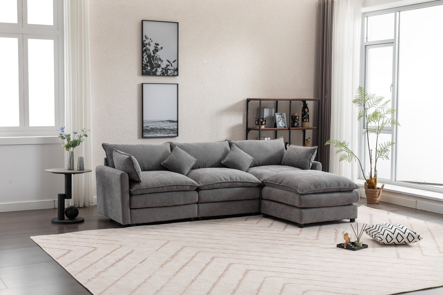 Sectional Sofa,  3-Seater Sofa with Ottoman