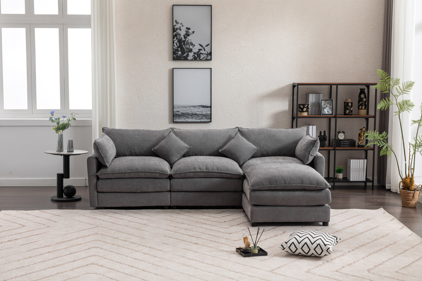 Sectional Sofa,  3-Seater Sofa with Ottoman