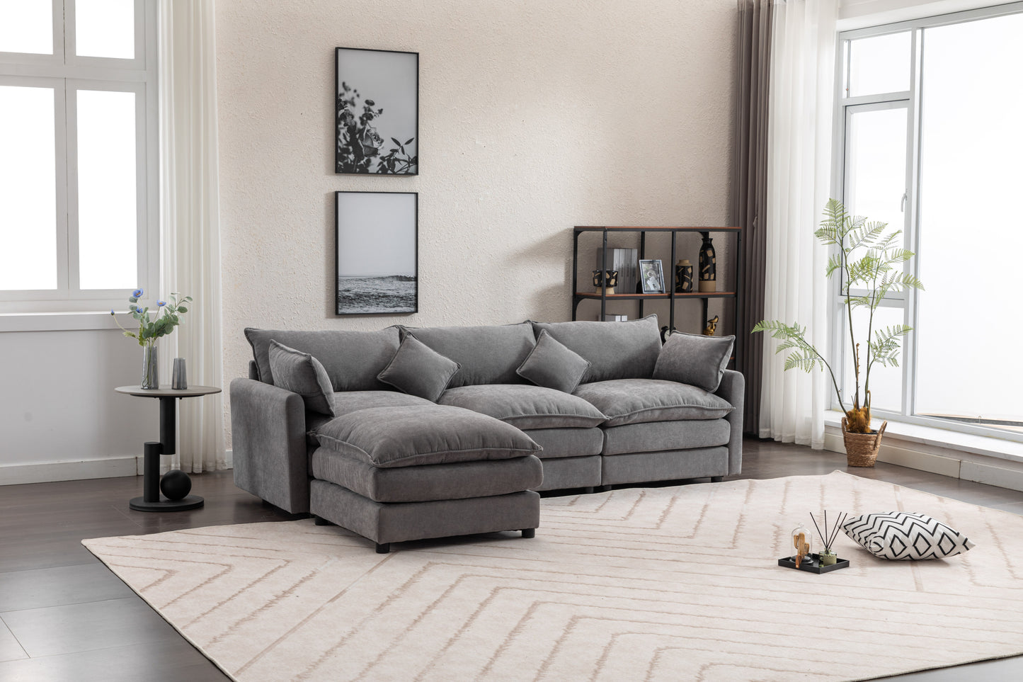 Sectional Sofa,  3-Seater Sofa with Ottoman