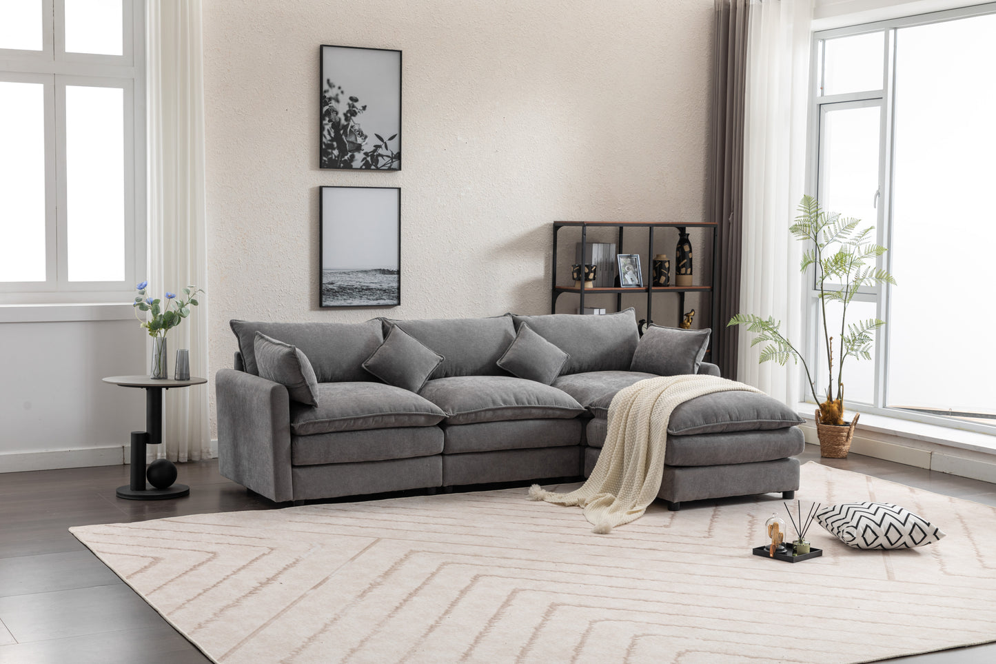 Sectional Sofa,  3-Seater Sofa with Ottoman