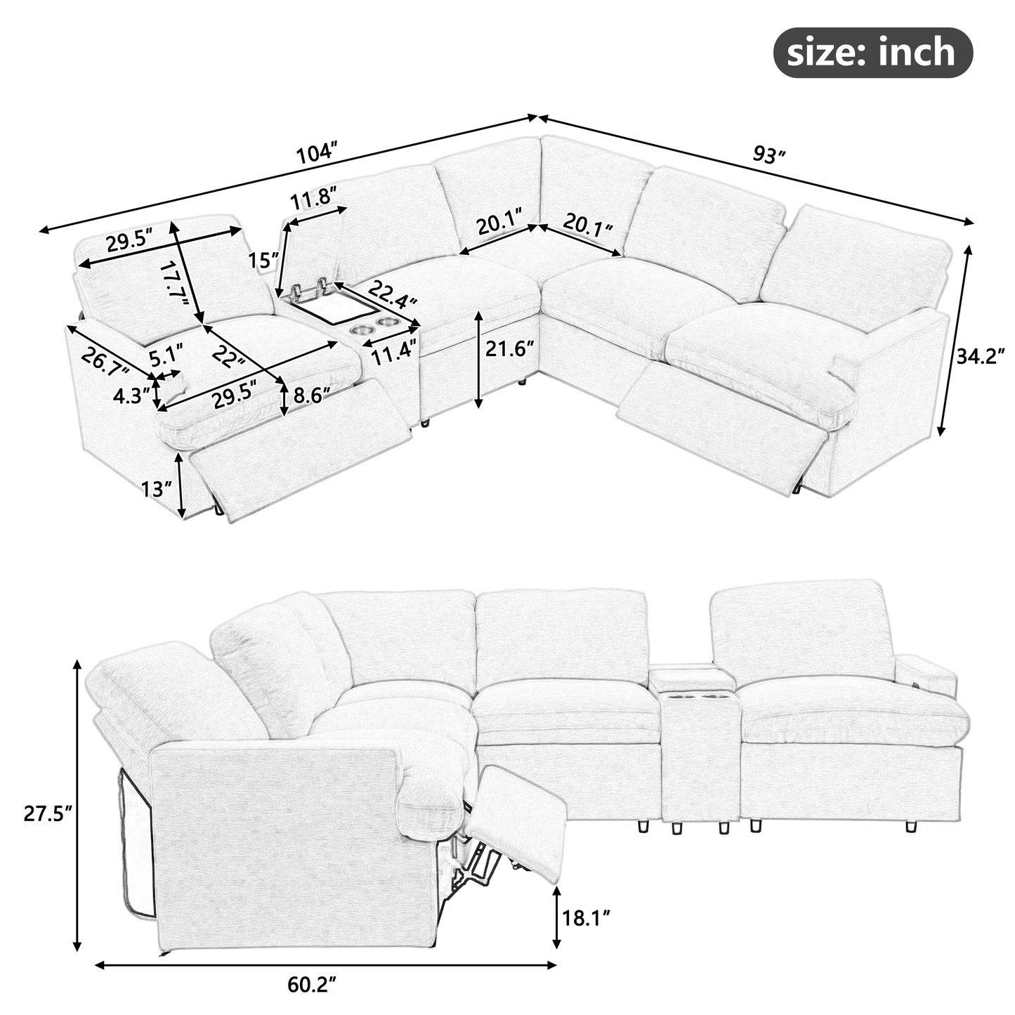 104'' Power Recliner Corner Sofa with Storage Box, Cup Holders, USB Ports and Power Socket, Beige