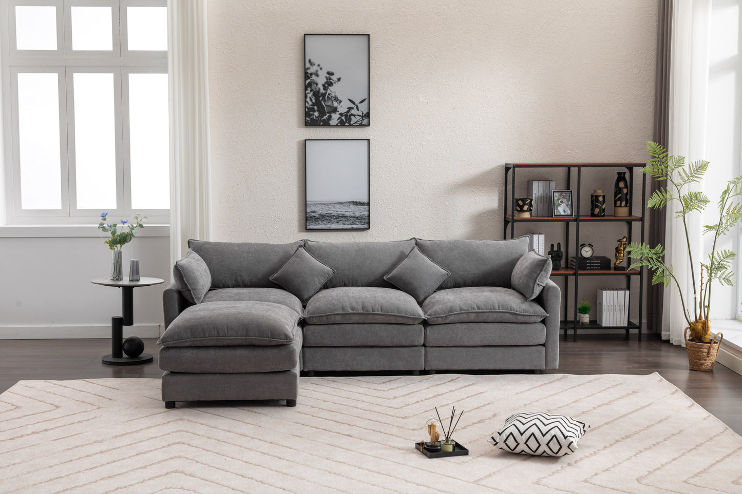 Sectional Sofa,  3-Seater Sofa with Ottoman