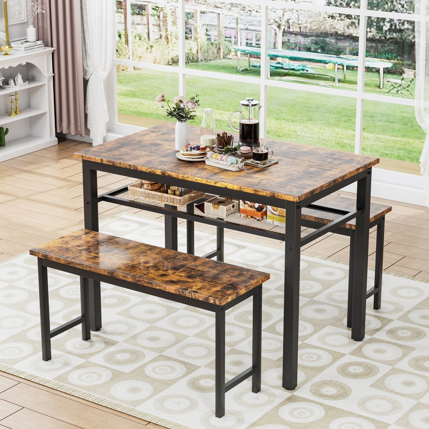 3 Pieces Farmhouse Kitchen Table Set with Two Benches, Metal Frame and MDF Board