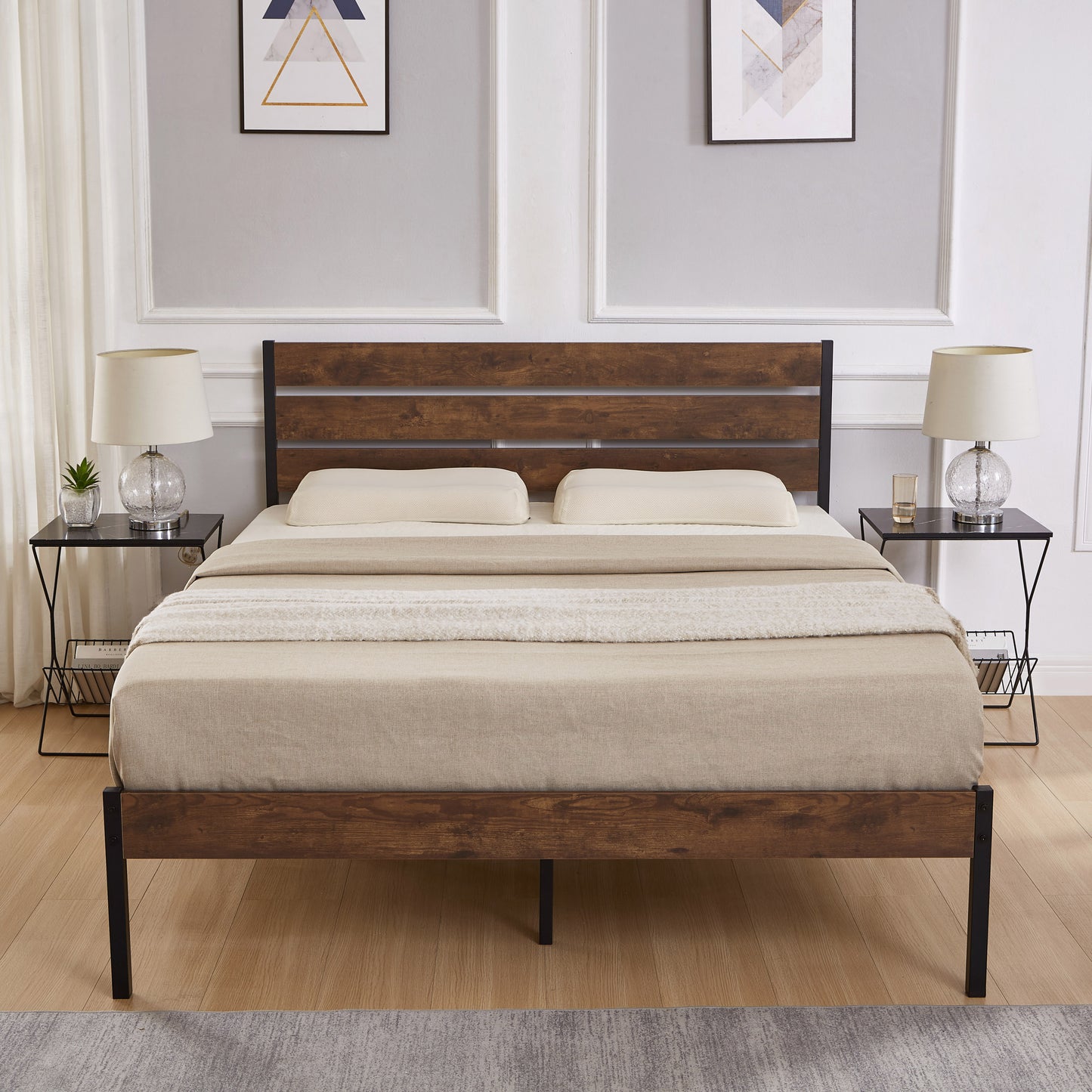 Full Size Bed Frame with Wood Headboard No Box Spring Needed-Brown.