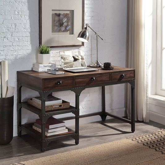 Writing Desk, Espresso Oak Finish & Antique Black Metal