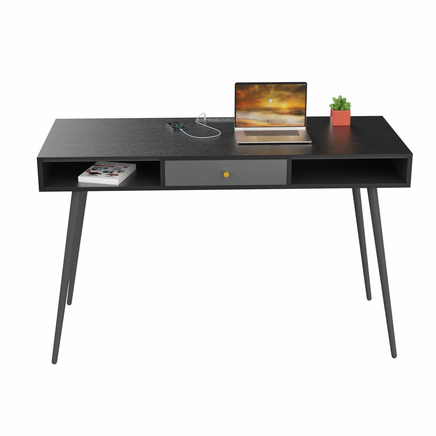 Mid Century Desk with USB Ports and Power Outlet,  Black