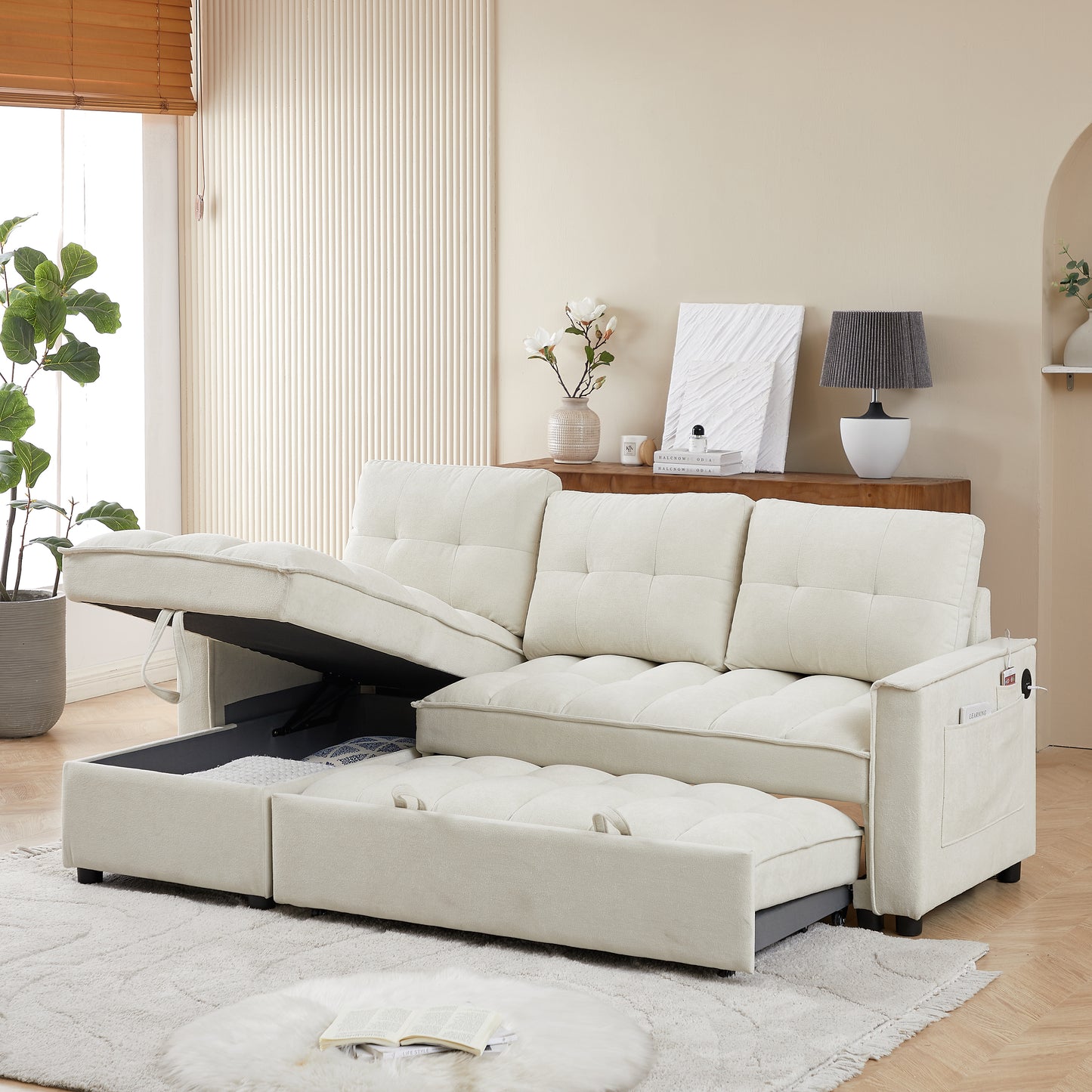 78.75" Reclining Sofa, Pull-Out Sofa Bed with USB and tape-c charging ports, L-Shaped Sectional Sofa with Reclining Storage and Arm Side Organizer Pocket Features