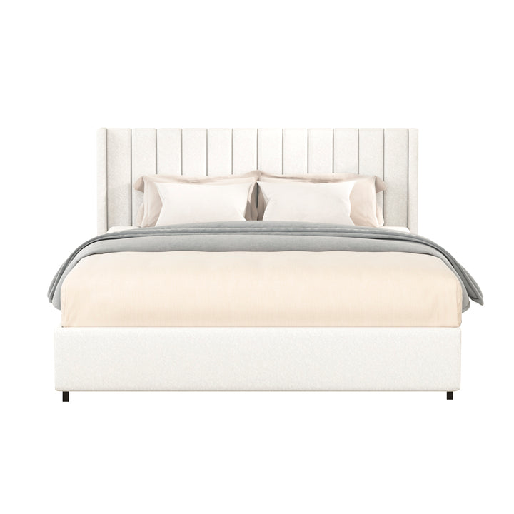 2-Drawers Storage Bed Queen Size Ivory Boucle Upholstered Platform Bed, No Box Spring Needed