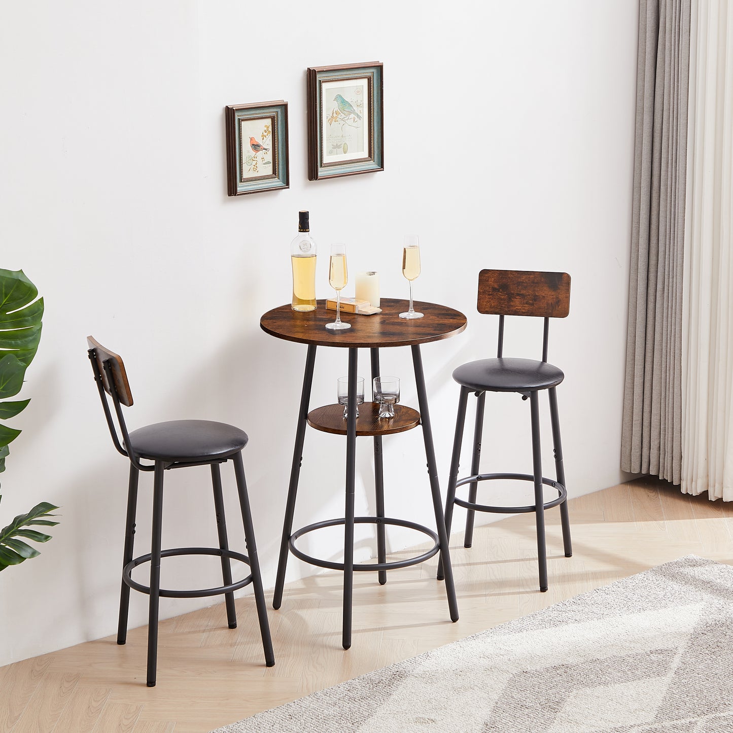 Round bar stool set with shelf, upholstered stool with backrest, Rustic Brown